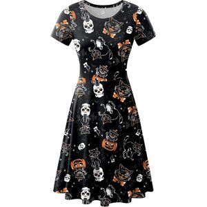 Women Halloween Short Sleeves Vintage Style A-Line Party Dresses Black
